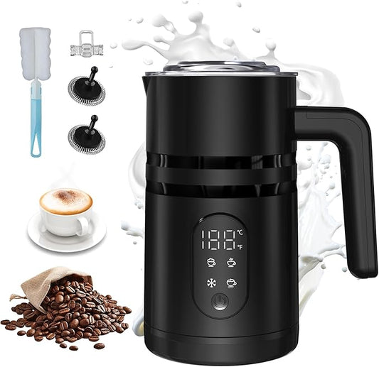 4 in 1 Electric Milk Frother Automatic Hot & Cold Foam Maker Auto Shut-Off Durable Stainless Steel Milk Frother Enjoy Perfect Milk Froth in 2 Min for Macchiato (Black-With Digital Display)