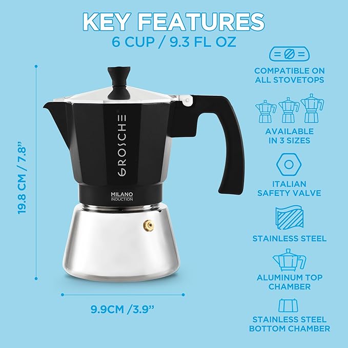 GROSCHE Milano Induction Stovetop Espresso Maker Moka Pot for Greca, Induction, Electric & Gas Stoves, Dishwasher Safe Stovetop Espresso Maker | 6 Espresso Cup, Black