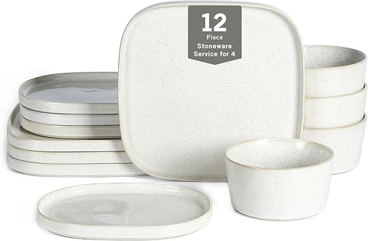 Stone Lain Cairo 12-Piece Dinnerware Set Stoneware, Plates and Bowls Set, Microwave and Dishwasher Safe, Includes Dinner and Salad Plates, Cereal Bowls, Dish for 4, White Speckled