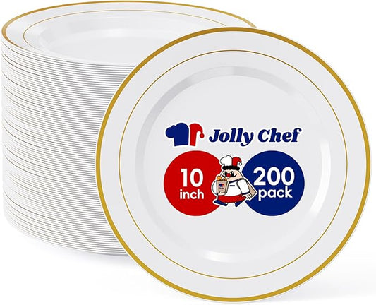 JOLLY CHEF 200 Pieces Gold Plastic Plates, 10 Inch Elegan Disposable Plates White Plate with Gold Rim,Plastic Plates for Thanksgiving、Birthdays and Weddings