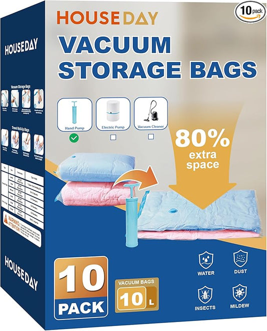 HOUSE DAY 10 Large Vacuum Storage Bags with Pump,Space Saving Vacuum Seal Bags For Clothing Travel, Vacuum Storage Bags For Clothes, Comforters, Blankets, Pillows, Moving, Reusable & Durable,Hand Pump