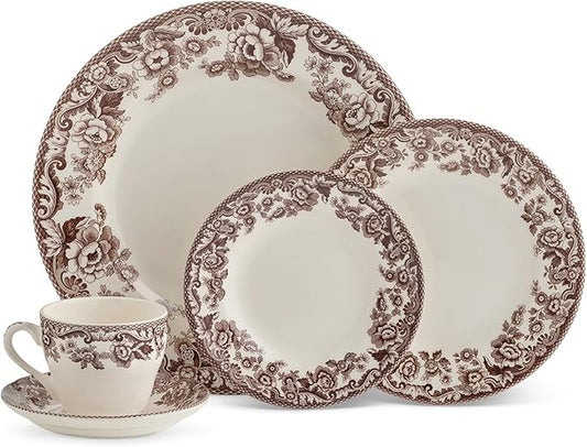 Spode Delamere 5-Piece Place Setting – Rich Brown British Flowers Border, Includes Dinner, Salad, Bread Plates with Teacup & Saucer – Fine Earthenware, Dishwasher, Microwave, Oven & Freezer Safe