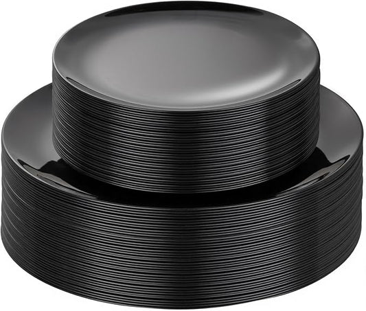 PULOTE 60 PCS Black Plastic Plates - Include 30 Dinner and 30 Dessert Plates, Black Disposable for Party,Birthday & New Year