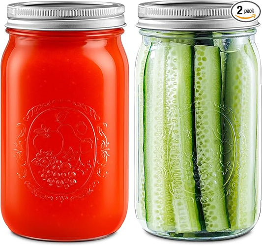 Miuyhji Wide Mouth Mason Jars 32 oz with Lids [2 Pack], Canning Jars with Metal Airtight Lids and Bands, Glass Jars for Fermenting, Pickling, Freezing, Preserving, Meal Prep, Jar Décor