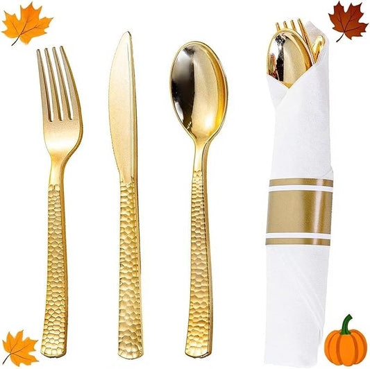 WELLIFE 50 Pack Gold Plastic Silverware with Pre Rolled Napkins,Gold Disposable Utensils, Includes: 50 Forks,50 Knives,50 Spoons,50 Napkins,gold Silverware Disposable for Thanksgiving