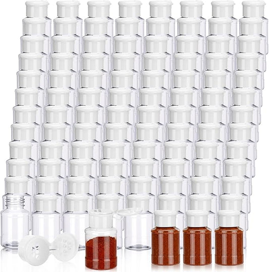 Amyhill 100 Pcs Plastic Spice Bottles Spice Jars with White Cap Seasoning Jars Shaker 2 Oz/ 60ml Clear Bottle Containers with Shaker Lids for Storing for Spices, Herbs, Powders, Glitters Supplies