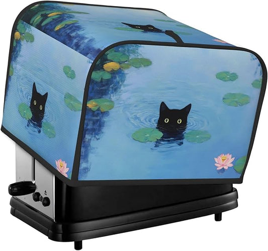 Black Cat Swimming Covers for Toasters 4 Slice,Cute Funny Bread Machine Cover with Handle,Washable Stain Resistant Kitchen Small Appliance Cover Dining Decor