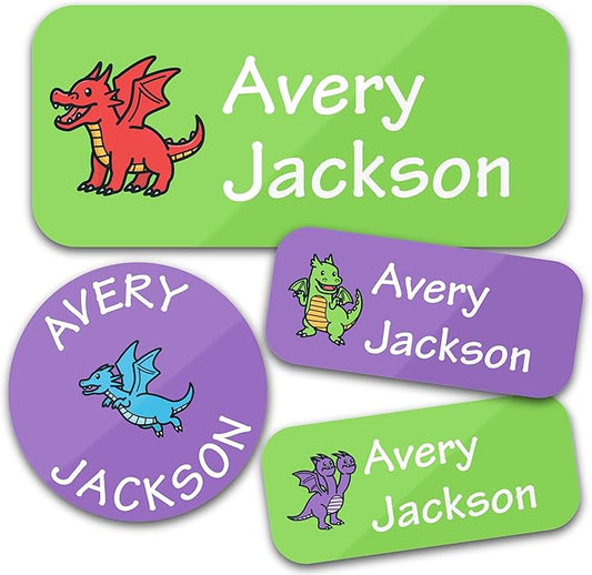 Personalized Daycare Name Labels for Kids (130 Labels) - Custom Waterproof Name Stickers for Clothing Tags, Water Bottles, Lunch Boxes and School Supplies (Dragons)