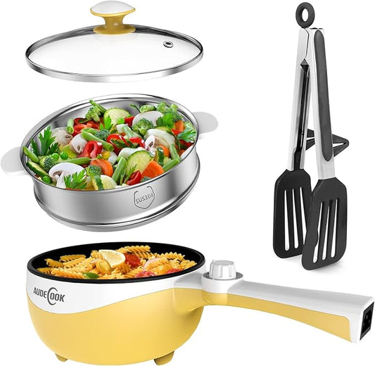 Audecook Hot Pot Electric, 1.7L Mini Electric Skillet Portable Nonstick Sauté Pan with Power Adjustment, Ramen Cooker Travel Multicooker for Steak/Soup/Egg/Oatmeal/Noodles