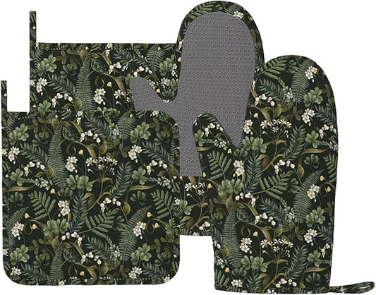 Botanical Oven Mitts and Pot Holders Sets Silicone White Flowers Berries and Leaves Kitchen Oven Mitts Hot Pads Heat Resistant Potholders Kitchen Mitts Set for Baking BBQ Cooking