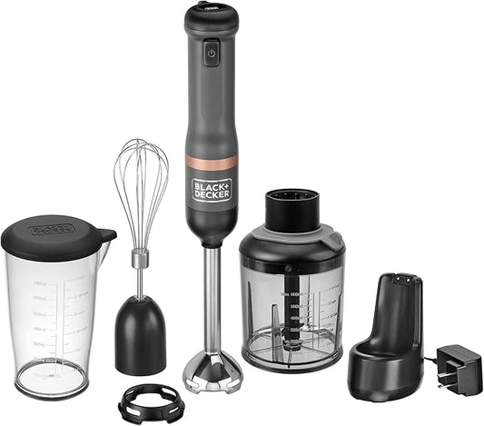 BLACK+DECKER Kitchen Wand Cordless Immersion Blender, 3 in 1 Multi Tool Set, Hand Blender with Charging Dock, Whisk, and Chopper, Grey (BCKM1013K01)