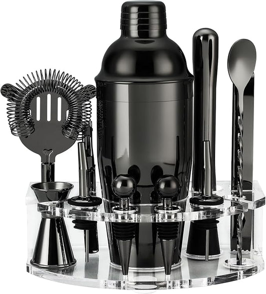 Bartender Kit Cocktail Shaker Set, Stainless Steel Cocktail Kit with 12 Piece Bar Accessories, 25oz Shaker Bar Set Drink Mixer Set with Stand Jigger Strainer Spoon Muddler for Cocktails (Black)