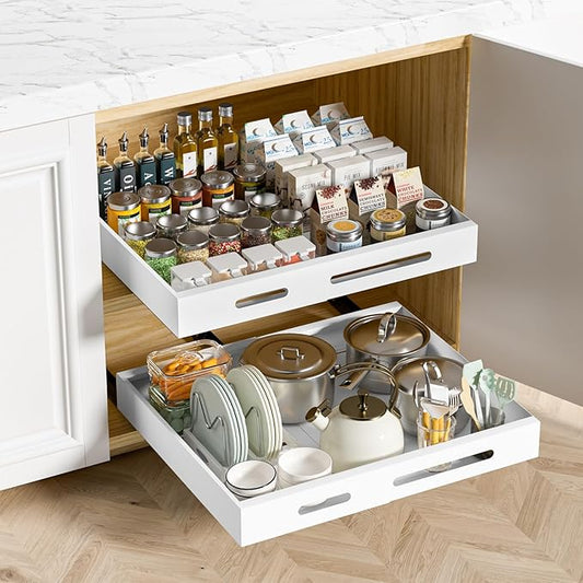 HBL' 1 Pack | 21" Deep Pull Out Cabinet Organizer Adhesive, (13.8" to 22.0") Width Expandable Sturdy Carbon Steel Roll-Out Drawers for Face Frame or Frameless Cabinets,Slide-Out Shelves for Pantry.