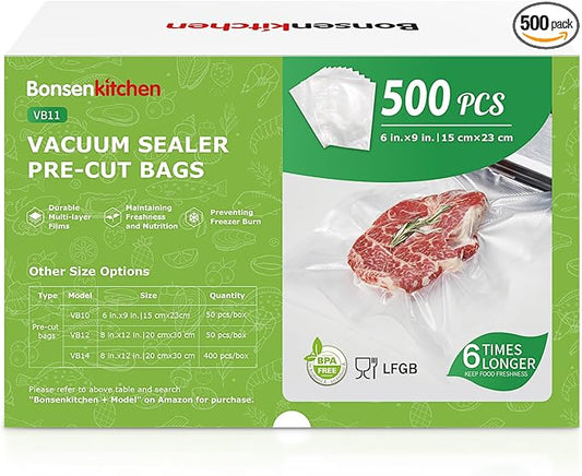 Bonsenkitchen Precut Vacuum Sealer Bags, 500 Pint 6" x 9" Food Sealer Bags,Commercial Grade, BPA Free, Heavy Duty, Customized Size Vacuum Bags for Vac Storage, Meal Prep or Sous Vide Cooking, VB11