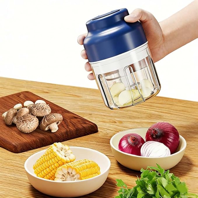 Electric Garlic Chopper, Mini Portable Veggie Cutter with 4/6 Stainless Steel Blades, Portable Wireless Rechargeable Mini Electric Garlic Food Chopper for Garlic, Onion, Chili, Nuts (Blue,320ML)