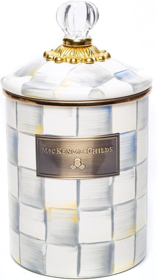 MACKENZIE-CHILDS Medium Enamel Canister, Kitchen Storage Container for Flour and Sugar, 1.42 Liters, Grey-and-White Sterling Check