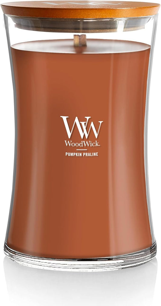 WoodWick Pumpkin Praline Holiday Candle Gifts for Women and Men, 21.5 oz Large Hourglass Candle with Crackling Wick