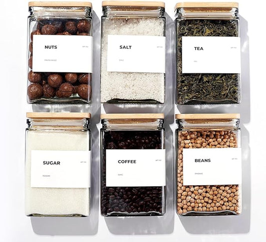 APT 1101 Glass Storage Jars with Bamboo Lid, glass canisters with airtight lids, Clear jars with lids for Spice, Cookie, Candy, Tea, Coffee Bean and Rice (White, Pantry Jar Set (26 oz, set of 6))