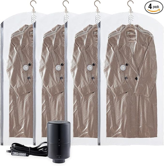 TAILI Hanging Vacuum Storage Bags with Electric Pump, Vacuum Seal Bags for Clothing Travel, Space Saver Closet Organizer for Clothes, Coats, Suits and Jackets, 4 Long(53x28 in)
