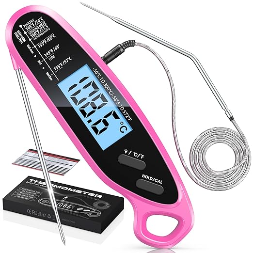 Instant Read Meat Thermometer Digital for Cooking & Grilling with Dual Probe, Big Backlit Screen & Auto-Calibration, Food Thermometer for Grill, Smoker, BBQ, Oven, Candy, Oil Fry - Pink