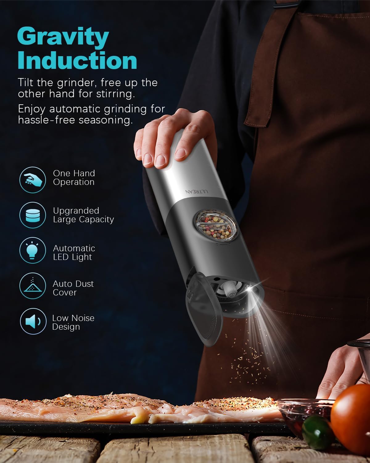 Ultrean Pepper Grinder, Rechargeable Gravity Salt and Pepper Grinder with 6 Adjustable Coarseness, LED Light, One-Hand Automatic Operation, Stainless Steel, Gifts for Father‘s Day