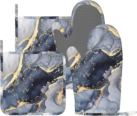 Blue Gold Marble Oven Mitts and Pot Holders Sets of 4, Heat Resistant Silicone Oven Mittens and Potholders Gloves Hot Pads for Kitchen Cooking Baking Grilling BBQ Chef