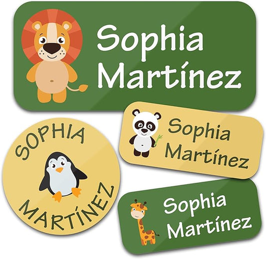 Personalized Daycare Name Labels for Kids (130 Labels) - Custom Waterproof Name Stickers for Clothing Tags, Water Bottles, Lunch Boxes and School Supplies (Animals)