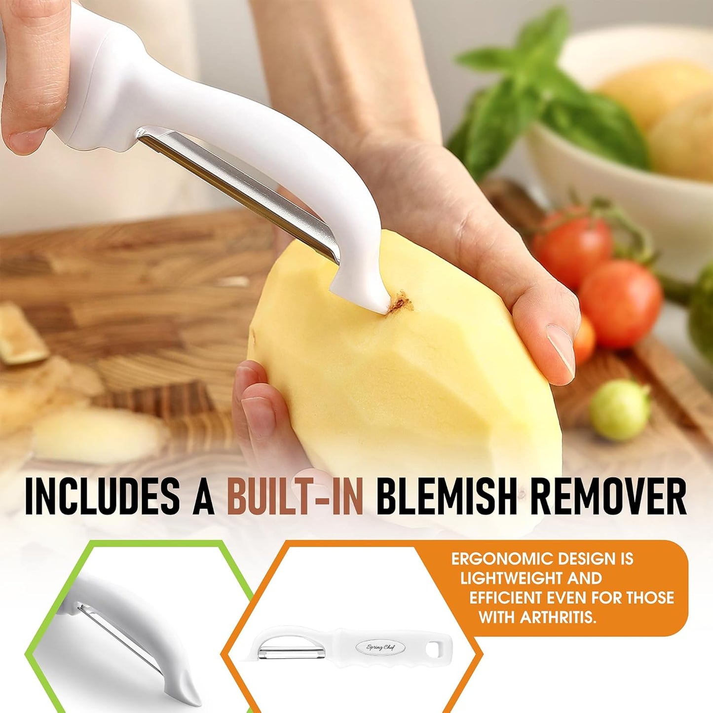 Spring Chef Premium Swivel Vegetable Peeler, Comfortable Handle and Ultra Sharp Stainless Steel Blades - Perfect Kitchen Peeler For Veggie, Fruit, Potato, Carrot, Apple - White - Set of 2