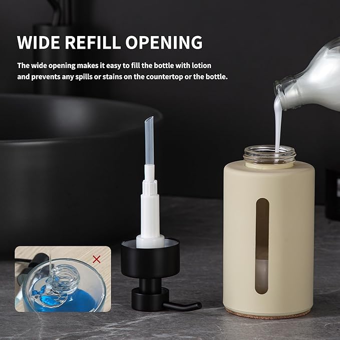 Enra Glass Lotion Dispenser with Window,12oz Bathroom Soap Dispenser Stainless Steel Lotion Hand Pump, Boho Liquid Soap Dispenser Countertop Lotion Bottle for Bathroom(Beige)