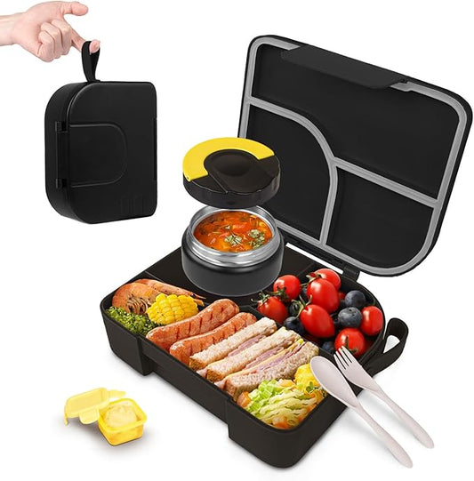 TinyPalsa Bento Box for Kids with 10oz Thermos, Durable Lunch Box with Leak Proof Insulated Food Jar, 3 Compartments with Portable Handle for Ages 3+, Dishwasher Safe, Ideal for School, Travel (Black)