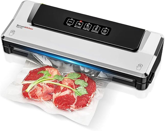 Bonsenkitchen Vacuum Sealer Machine, Fast-Compact Food Sealer, Multi-Functional Food Vacuum Sealer with 5 Vacuum Bags & Accessory Hose, Technology for High-Speed Continuous Working, Silver