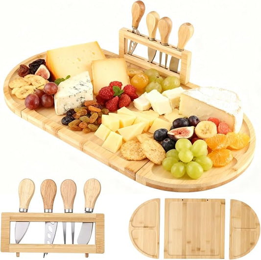 Bosreroy Wood Cheese Board And Appetizer Serving Tray, Detachable 22.8 X 11.5 In Charcuterie Platter, With Knives, Serving Board For Parties And Gatherings