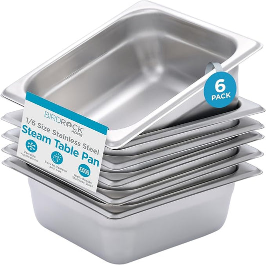 BIRDROCK HOME Stainless Steel Steam Table Pan - Hotel, Restaurant & Catering Supplies - 24 Gauge Steel, 1.2 qt Capacity - Meal Prep, Cooking, & Food Storage Container - 2.5" Depth, 1/6-Size (6 Pack)