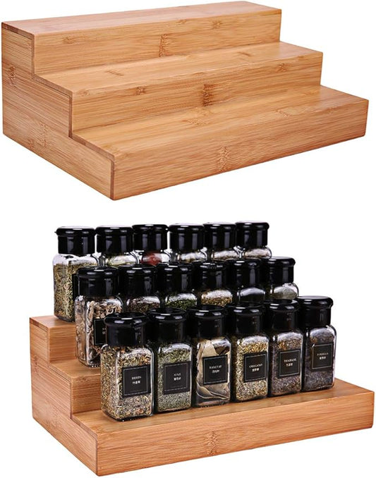 Bamboo Spice Rack Organizer for Cabinet 3 Tier Countertop Step Spice Shelf for Kitchen Storage and Organizer, Step Display Rack for Toy/SkinCare/Healthy Care, 2 Pack Step Rack