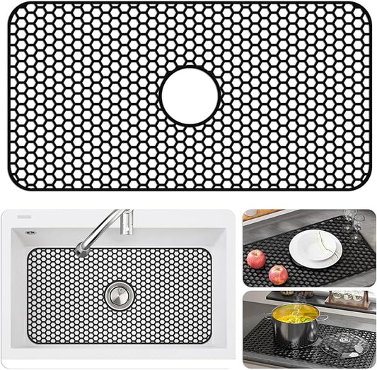 Bestjing Silicone Sink Protectors for Kitchen Sink with Center Drain - 29.7"x 15.5" Kitchen Protector Accessory, Non-Slip Heat Resistan Mat for Bottom of Farmhouse Stainless Steel Porcelain (Black)