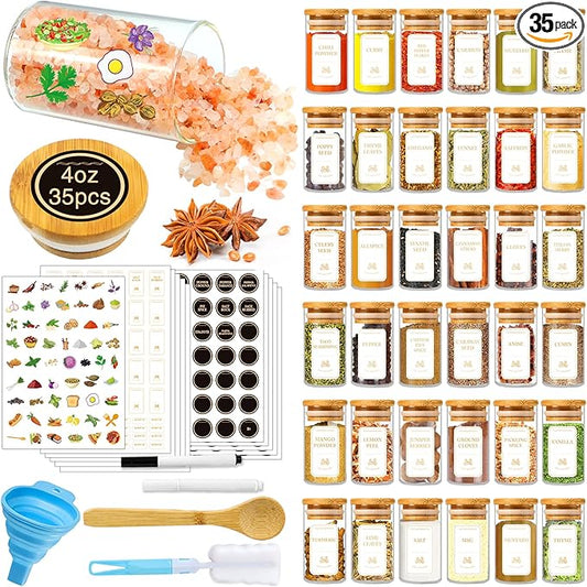 BGraceyy Spice Jars with Labels, 35 Pcs 4 oz Glass Spice Jars with Bamboo Lids, Minimalist Stackable Airtight Spice Containers with 426 labels for Home Kitchen, Pantry, Spice Cabinet, Drawer, Rack