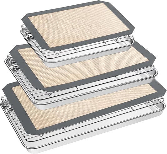 Baking Sheet Tray Cooling Rack with Silicone Mat Set, Stainless Steel Cookie Pan For Oven, Set of 9 (3 Sheets + 3 Racks Mats), Warp Resistant & Heavy Duty & Easy Clean, Grey
