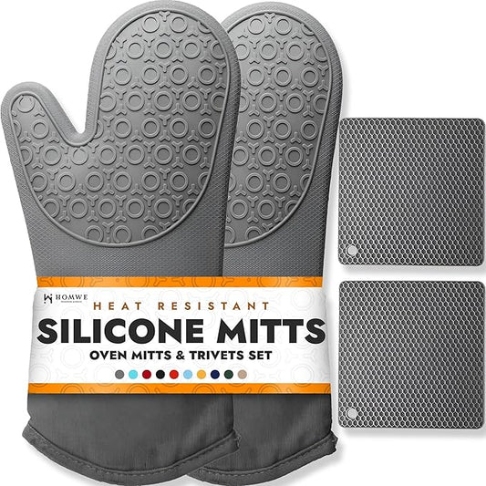 BPA-Free Soft Silicone 4 Piece Oven Mitts & Trivets Set - Ultra Heat Resistant Oven Mitts with Thick Cotton Liner - Long Slip Resistant Pot Holders, Flexible Oven Gloves - Gray