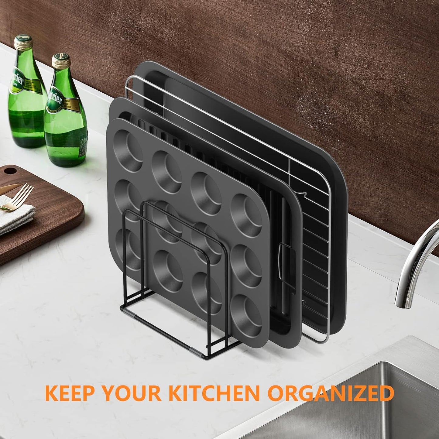 Kitchen Cabinet Organizer, Steel Cookware Holder, Divided Holder with 5 Slots for Skillets Baking Tray and Chopping Board Rack - Baking Pan Holder Storage (1 PC)
