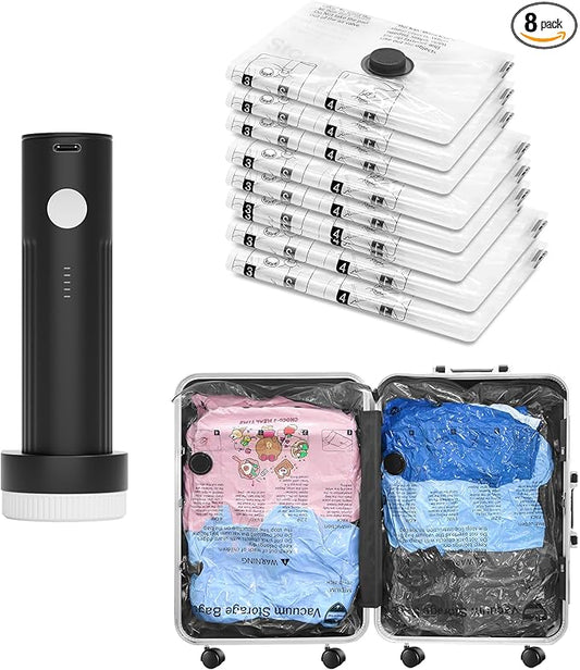 SUOCO Travel Vacuum Bags for Luggage with Portable Electric Pump, 8 Combo (2L/3M/3S) Packing Seal Bags for Clothing Suitcase Backpack, Space Saver Compression Clothes Storage Bags