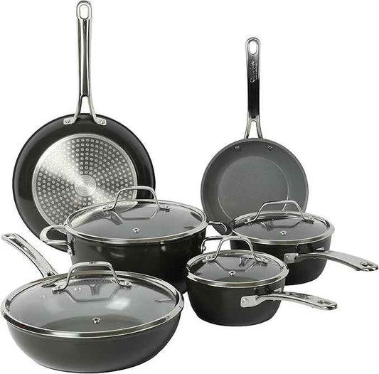 Sur La Table Kitchen Essentials 10 Piece PFA Free Titanium Ceramic Nonstick Interior Forged Aluminum Cookware Pots and Pans Set - Black - Induction Compatible