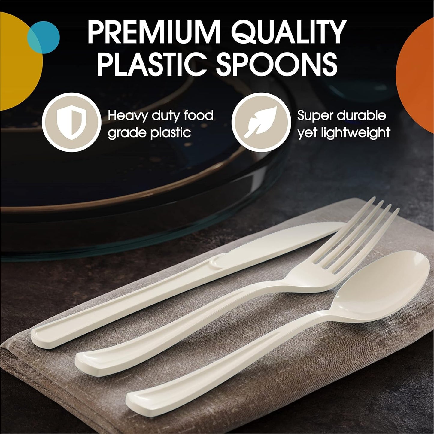 Ivory Plastic Spoons 200 Pcs Ivory Spoons Disposable Utensils Heavy Duty Plastic Cutlery Set Disposable Cutlery Sets Flatware Sets Silverware Set Party Supplies & Party Tableware Party Solids