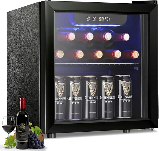Antarctic Star 12 Bottle/48 Can Wine Cooler/Cabinet, Mini Drink Fridge, Clear Front Glass Door Counter Top Red Cellar Beer Soda Bar Quiet Compressor LED Display 1.3 cu.ft. Black
