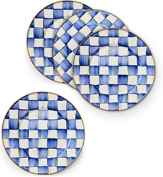 MACKENZIE-CHILDS Enamel Salad and Dessert Plate, Small Plate for a Dessert or Appetizer Dish, 8 Inches, Set of 4, Blue-and-White Royal Check