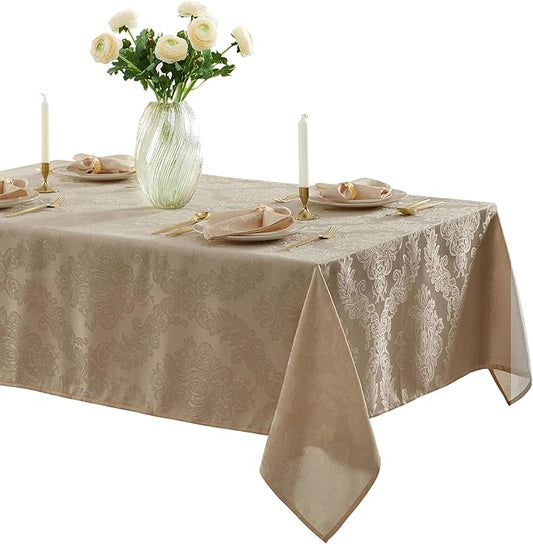 Newbridge Barcelona Luxury Damask Fabric Tablecloth, 70” Extra Wide x 90” Rectangle, Golden Beige, 100% Polyester, No Iron, Soil Resistant Dining Room, Party and Banquet Table Cover