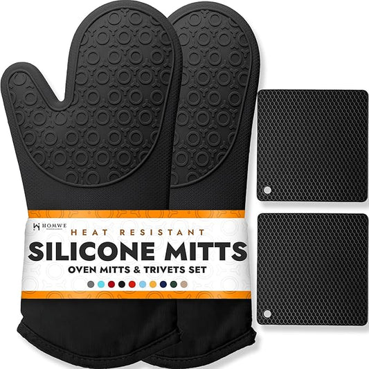 BPA-Free Soft Silicone 4 Piece Oven Mitts & Trivets Set - Ultra Heat Resistant Oven Mitts with Thick Cotton Liner - Long Slip Resistant Pot Holders, Flexible Oven Gloves - Black
