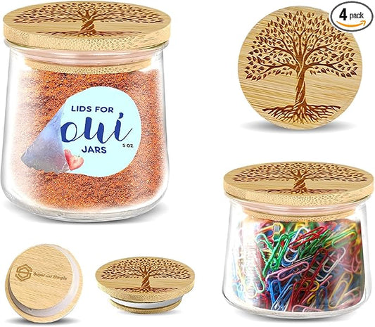 Oui Yogurt Jar Lids – Choose a Design, 4-24 Pieces, Bamboo, Silicone, or Stainless Steel | Tops That Fit Yoplait Oui Glass Jars | Bamboo Oui Jar Covers | Oui Yogurt Storage Lids - Tree of Life 4 pack