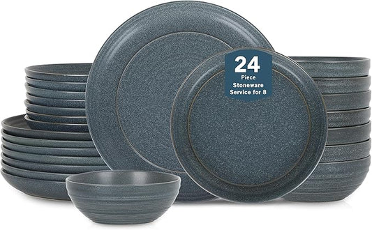 Stone Lain Elio 24-Piece Dinnerware Set Stoneware, Plates and Bowls Set, Dish Set for 8, Blue