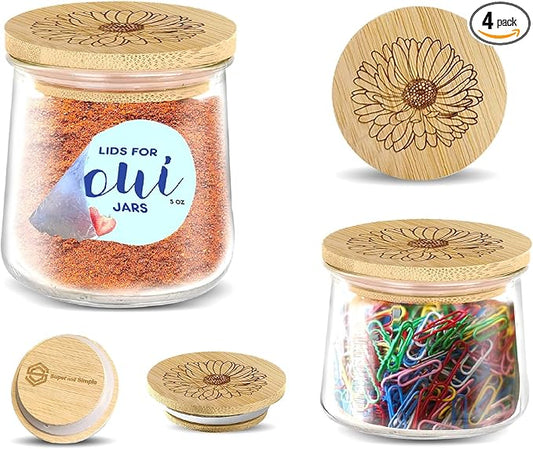Oui Yogurt Jar Lids – Choose a Design, 4-24 pcs, Silicocne, or Stainless Steel | Airtight Lids That Fit Yoplait Oui Glass Jars | Eco Replacement Tops with Silicone Gasket | Bamboo Aster Flower 4 Pack
