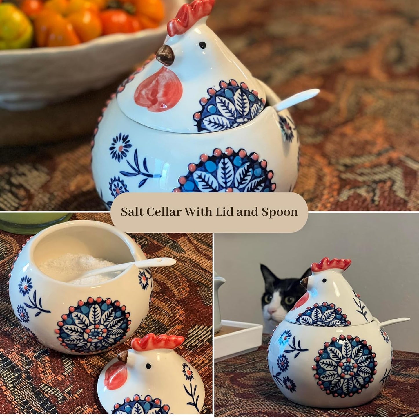 13.5 Oz Salt Cellar With Lid and Spoon (Red)- Ceramic Chicken Spice Jars for Salt, Sugar, Pepper - Spice Containers for Countertop